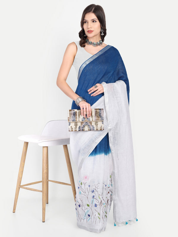 Elegant Indigo & White Dual-Tone Linen Saree with Floral Hand Embroidery
