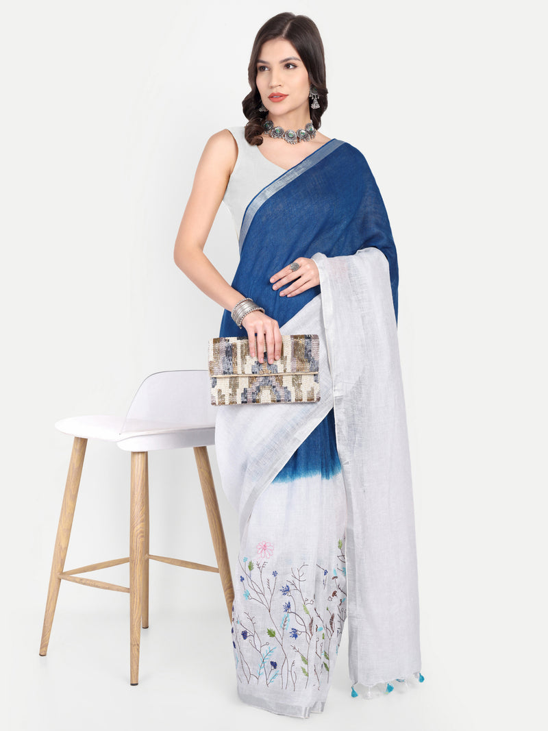Elegant Indigo & White Dual-Tone Linen Saree with Floral Hand Embroidery