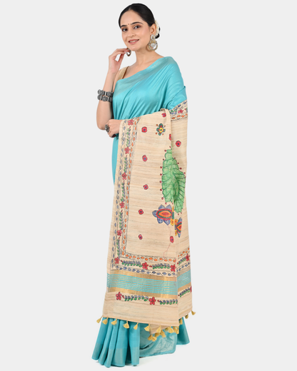 TURQUOISE ERI SILK SAREE