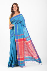 Radiant Blue Dupion Silk Saree with Striped Aanchal