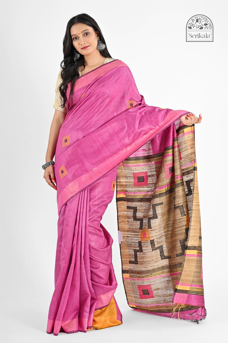 Vibrant Pink Dupion Silk Saree with Geometric Katia Pallu | Handloom Elegance - Serikala