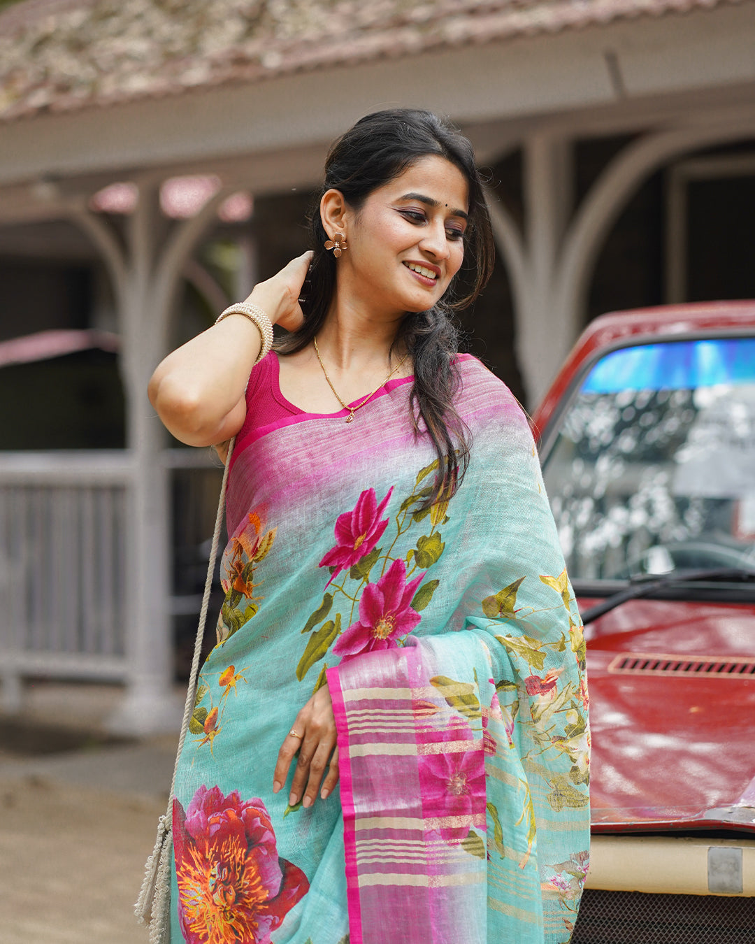 SEA GREEN RANI PINK LINEN SAREE