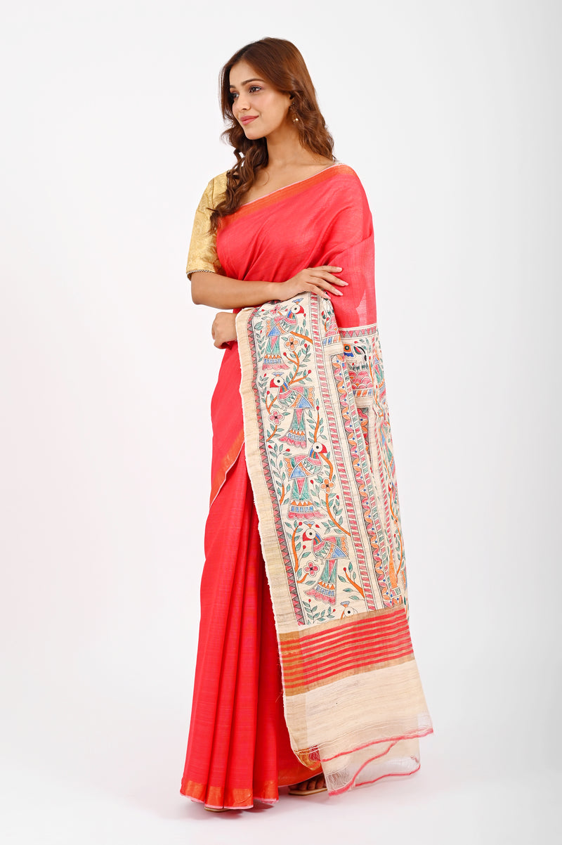 Exquisite Red Eri Silk Saree with Hand-Painted Madhubani Art