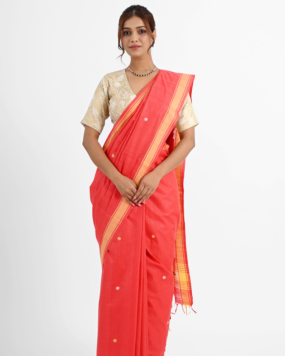 RED COTTON SAREE WITH BAWAN BUTA PALLU