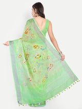 Fresh Lime Green Floral Digital Print Linen Saree