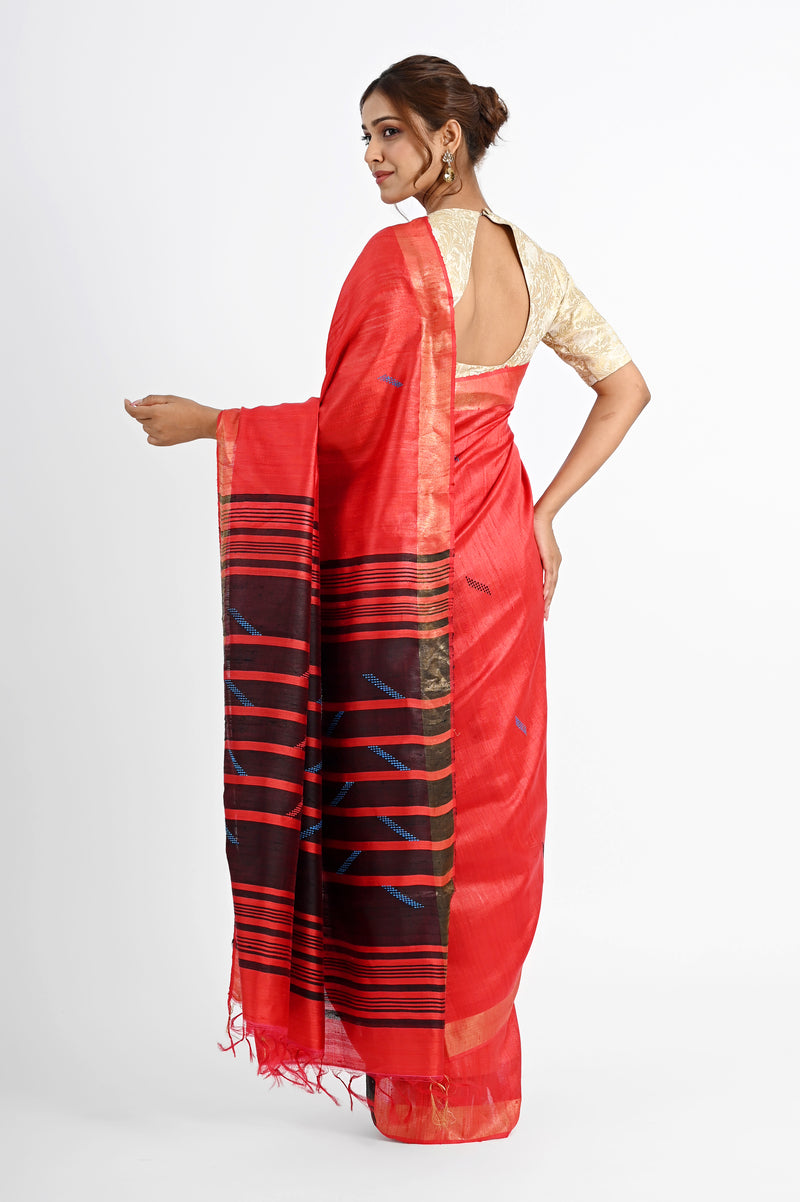Bold Red Dupion Silk Saree with Black & Blue Striped Aanchal
