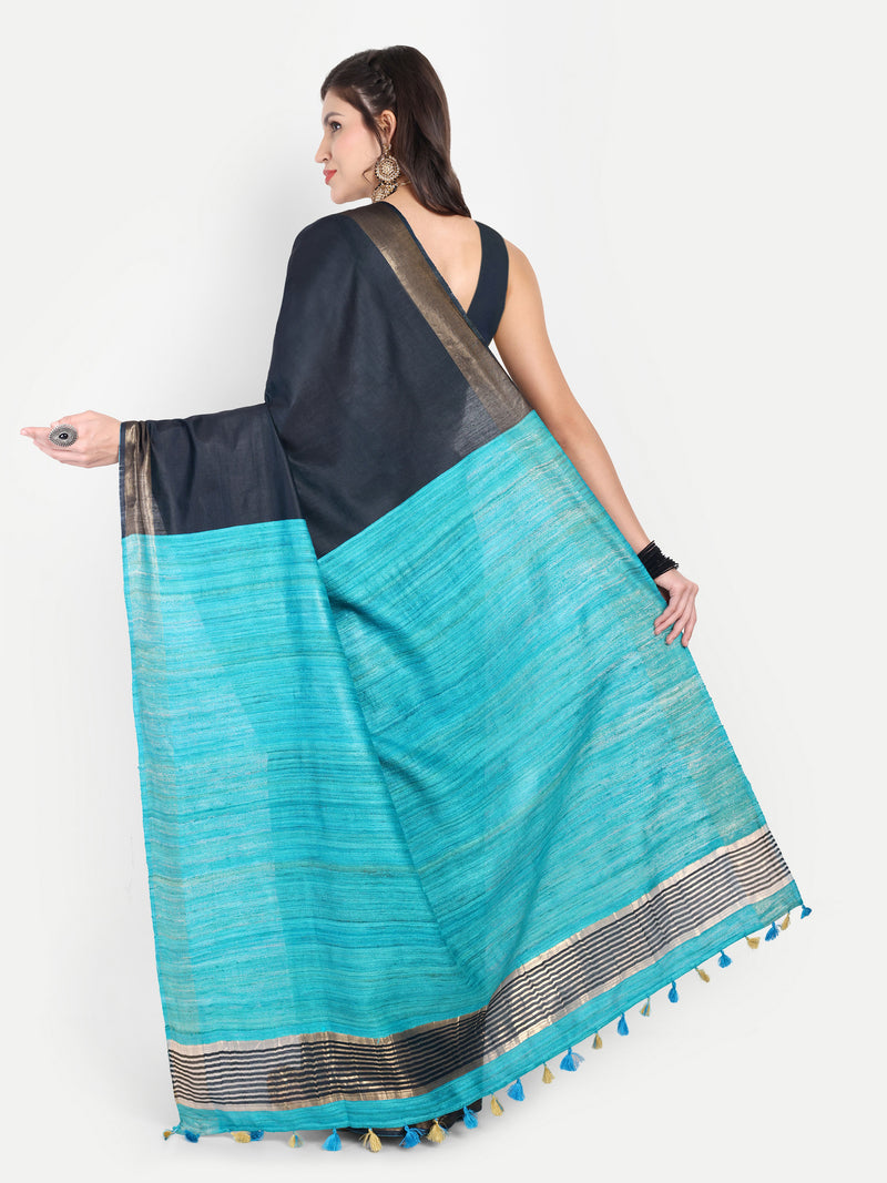 Elegant Charcoal Grey & Turquoise Blue Silk Saree