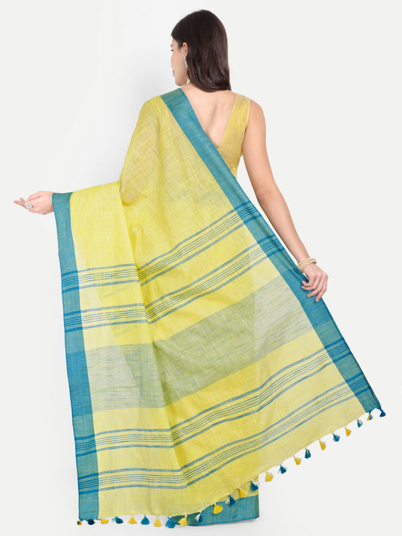 Vibrant Yellow & Blue Striped Cotton Saree