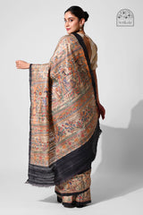 Black Ghicha Silk Saree with Original Madhubani Hand Painting | Handloom Art Saree
