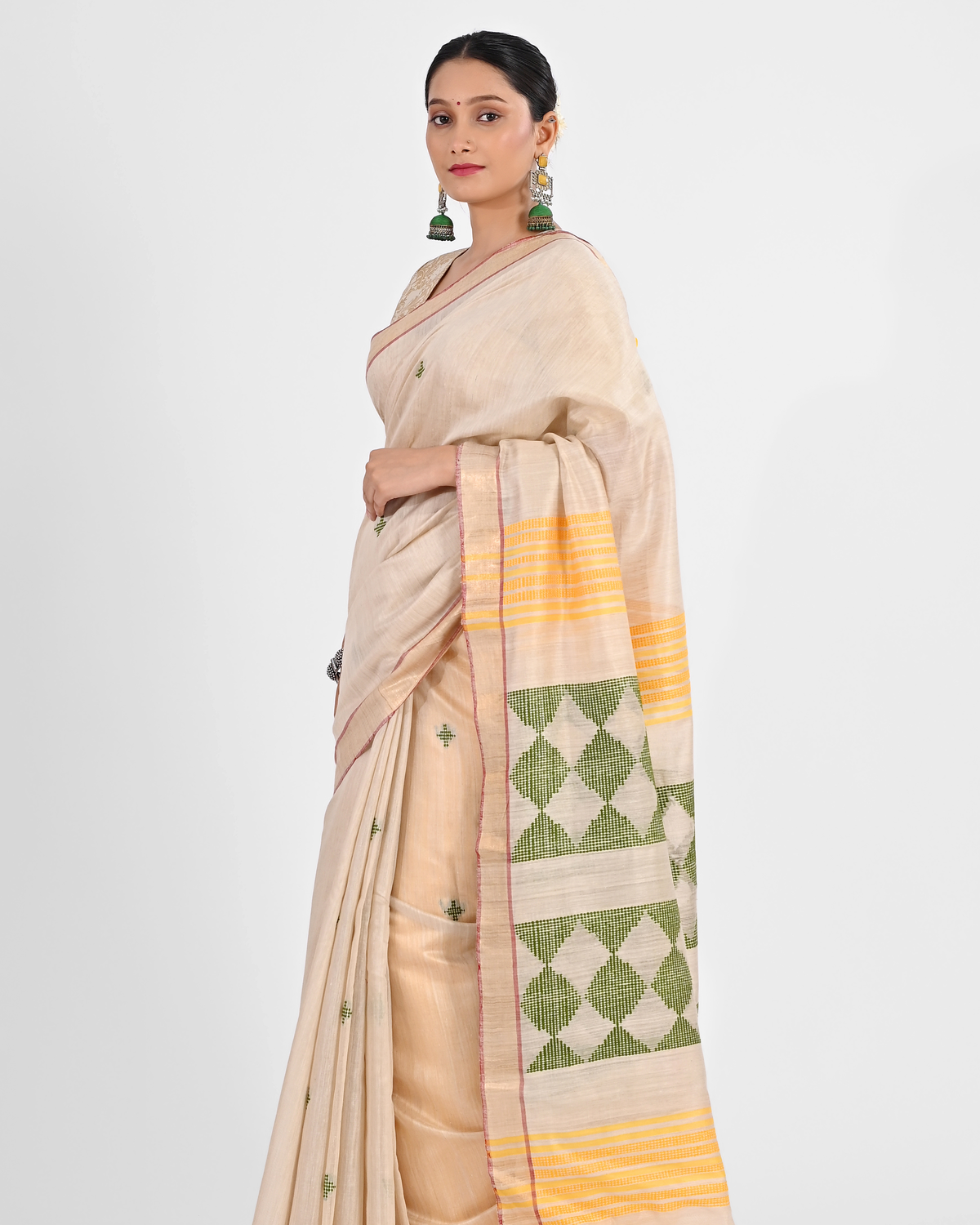 CREAM MUGA SILK SAREE WITH MADHUBANI ART
