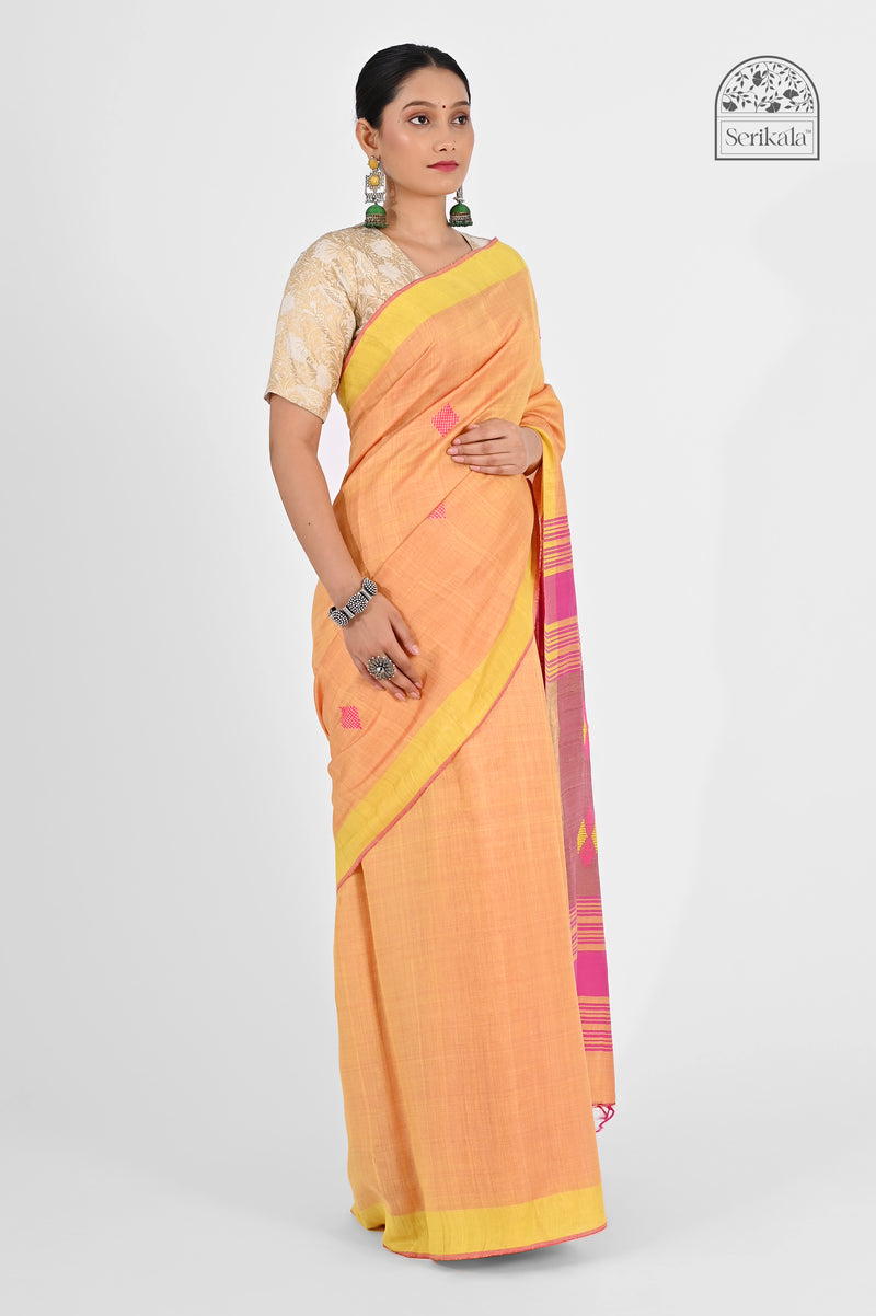 Peach Eri Silk Saree with Pink Tussar Pallu | Handloom Indian Saree - Serikala