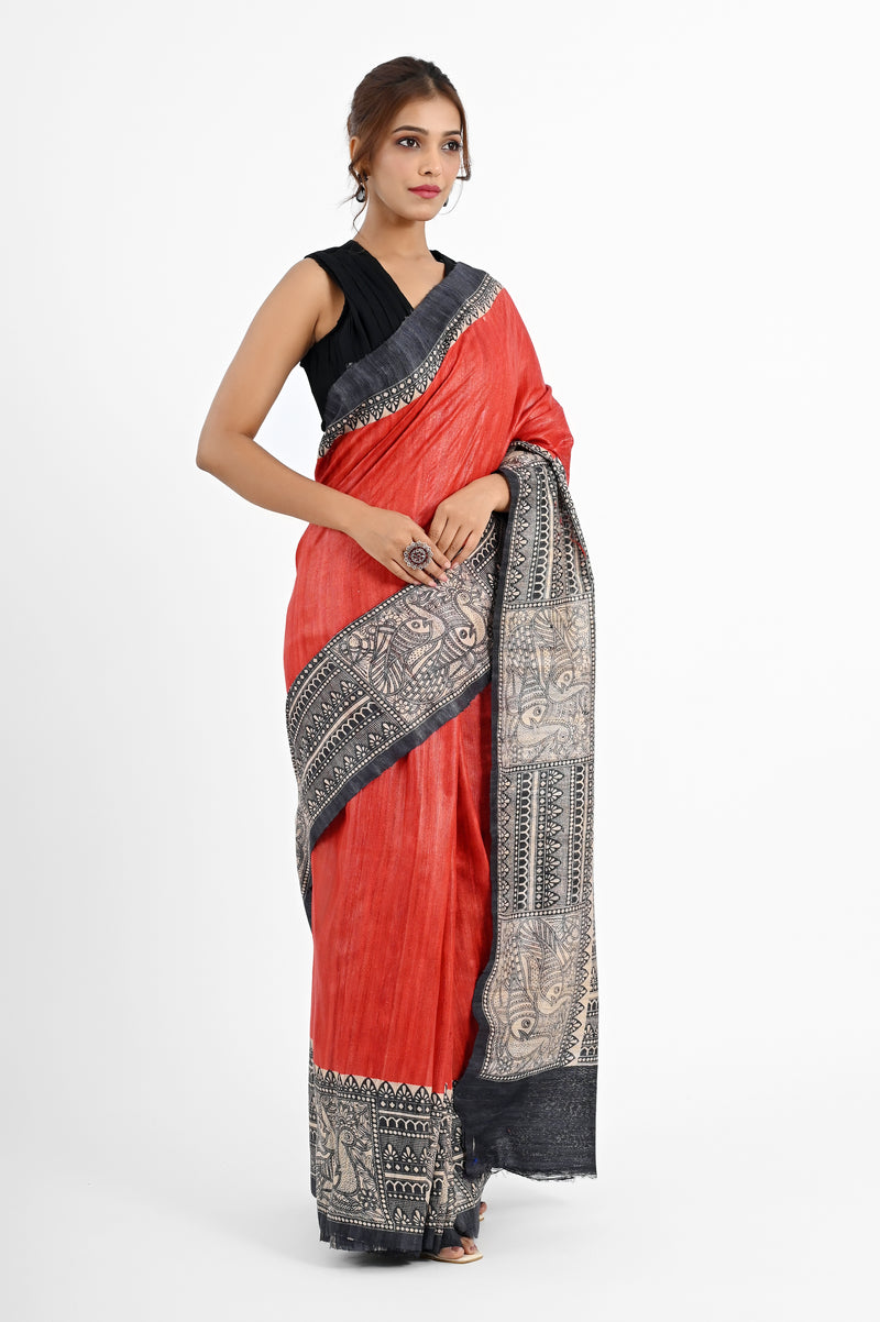 Striking Red Ghicha Silk Saree with Monochrome Madhubani Print