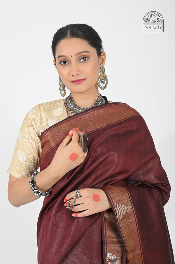 Rich Maroon Dupion Silk Saree with Golden Pallu | Handloom Indian Saree