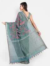Elegant Dusty Teal Tussar Linen Saree with Floral Embroidery