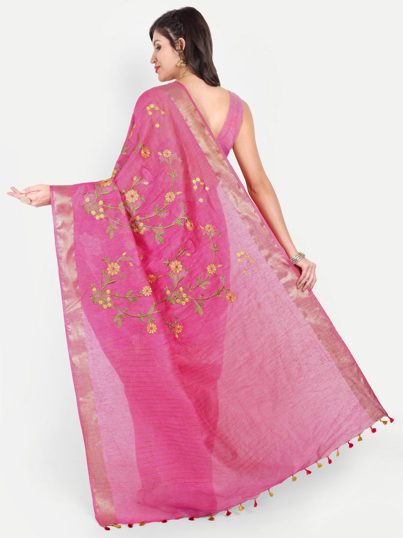 Vibrant Rani Pink Kota Linen Saree with Gold Zari & Embroidery
