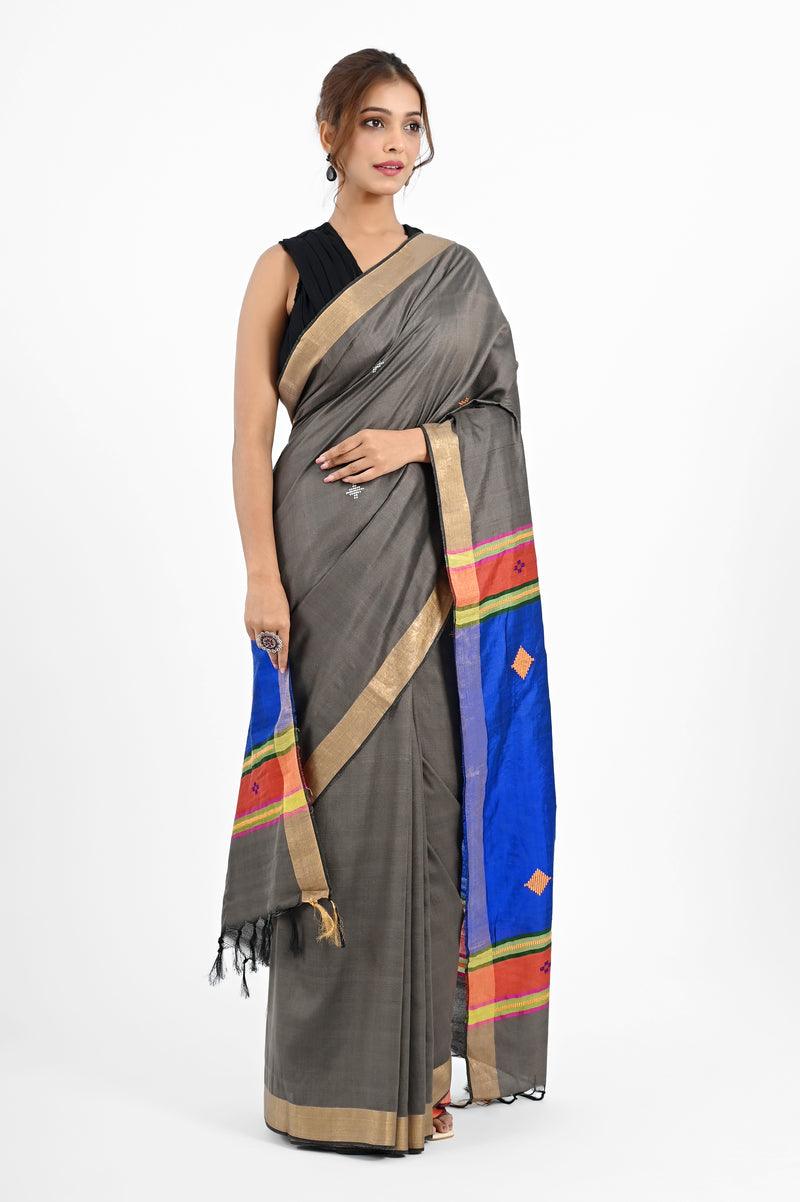 Grey Eri Silk Saree with Bawan Buta Dupion Aanchal