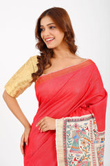 Exquisite Red Eri Silk Saree with Hand-Painted Madhubani Art