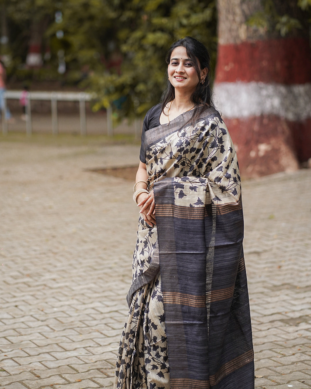 BEIGE BLACK GHICHA SILK SAREE