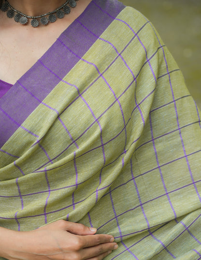 SAGE GREEN & PURPLE HANDWOVEN COTTON CHECKS SAREE
