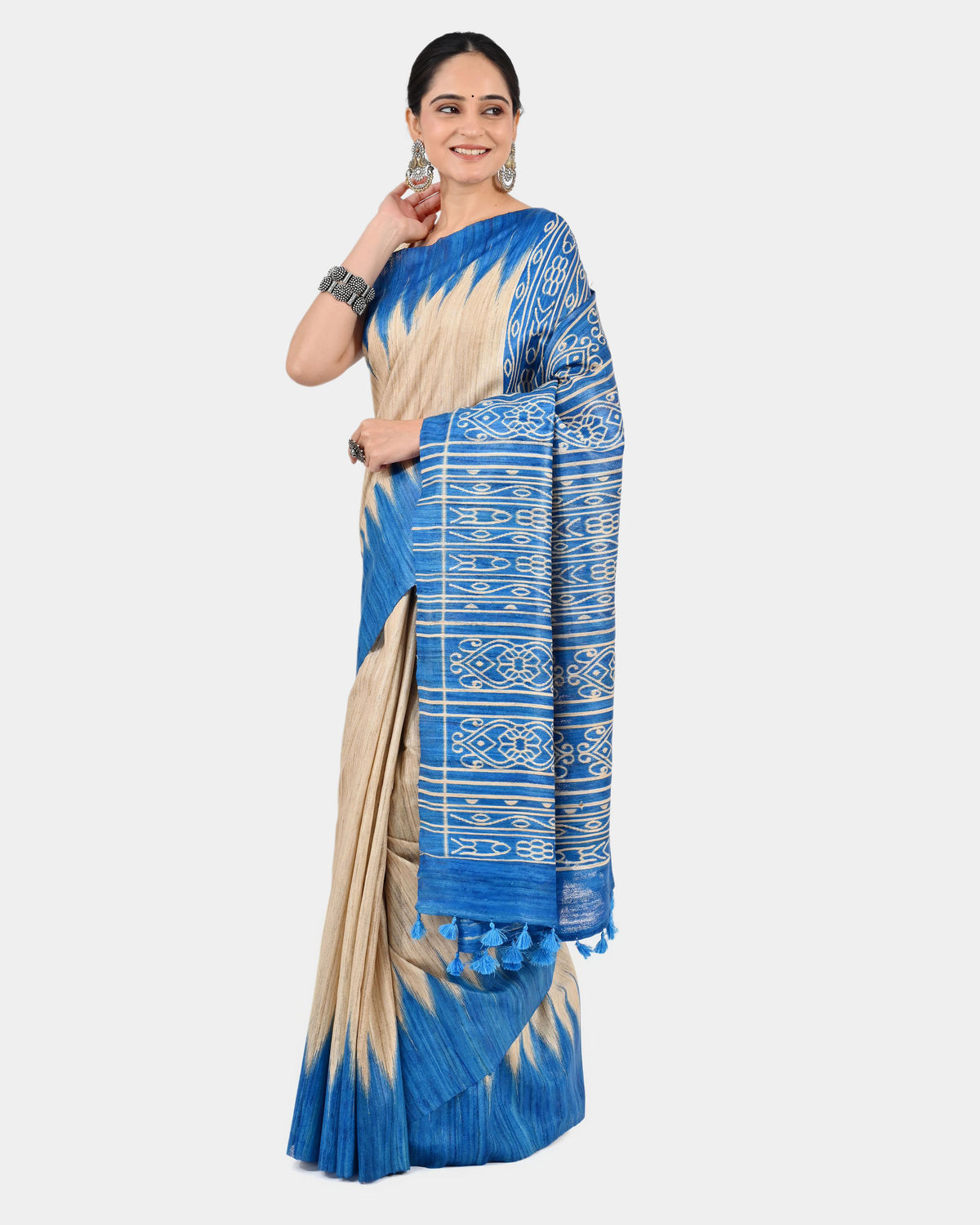 BEIGE & BLUE GHICHA SILK SAREE WITH IKAT PRINT