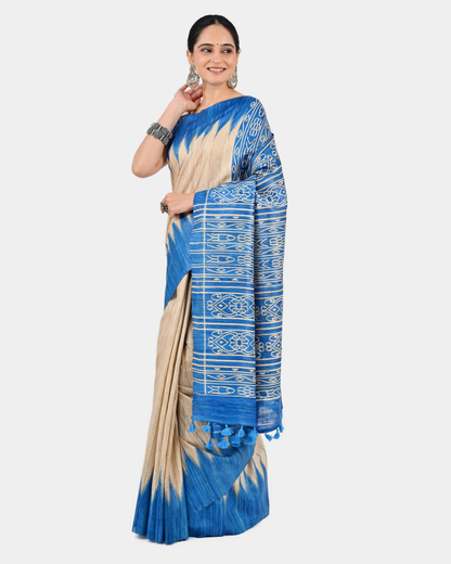 BEIGE & BLUE GHICHA SILK SAREE WITH IKAT PRINT