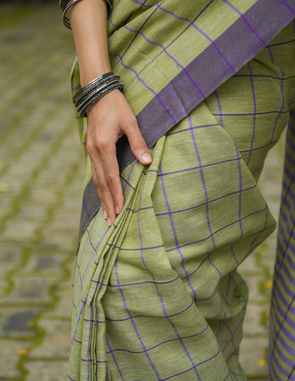SAGE GREEN & PURPLE HANDWOVEN COTTON CHECKS SAREE