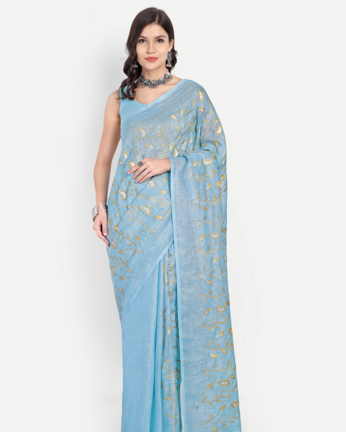 SKY BLUE EMBROIDERED LINEN SAREE