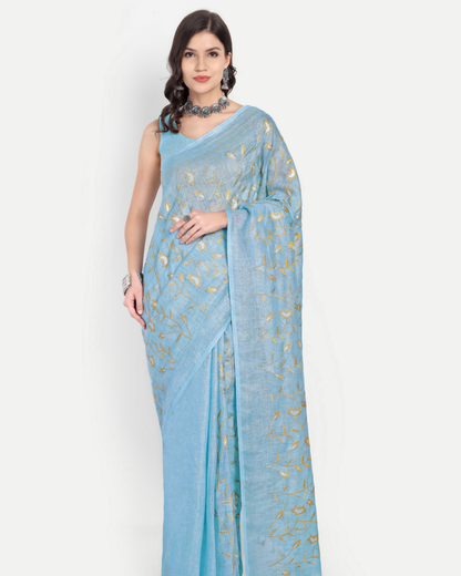 SKY BLUE EMBROIDERED LINEN SAREE