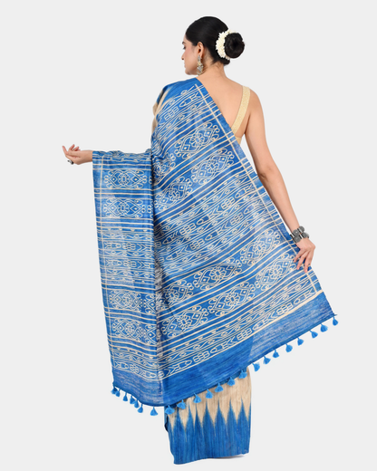 BEIGE & BLUE GHICHA SILK SAREE WITH IKAT PRINT