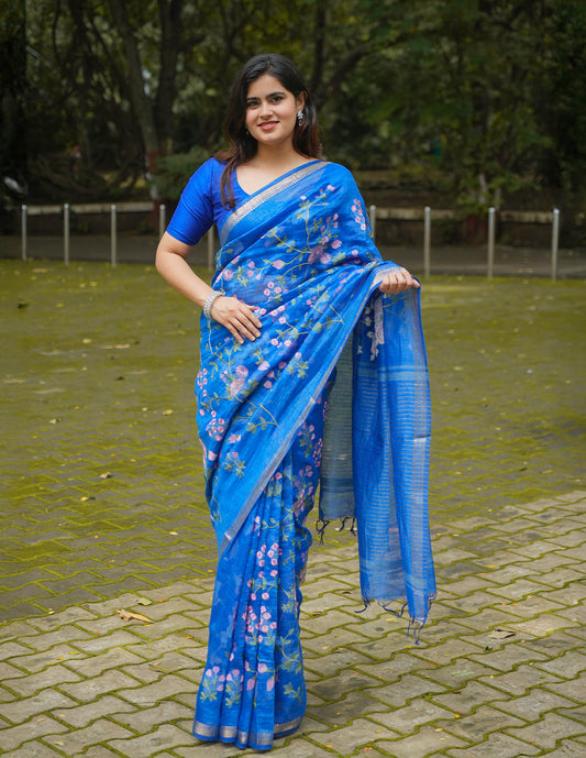 ROYAL BLUE FLORAL LINEN SAREE