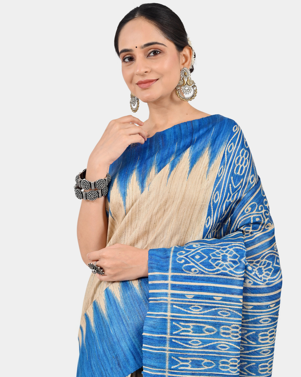 BEIGE & BLUE GHICHA SILK SAREE WITH IKAT PRINT