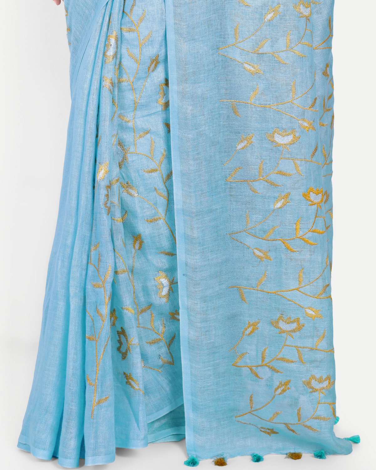 SKY BLUE EMBROIDERED LINEN SAREE