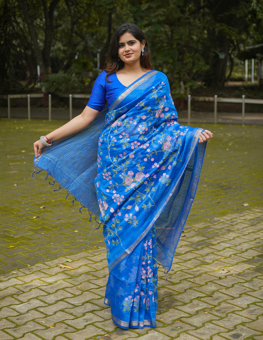 ROYAL BLUE FLORAL LINEN SAREE