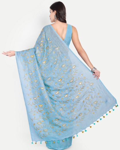 SKY BLUE EMBROIDERED LINEN SAREE