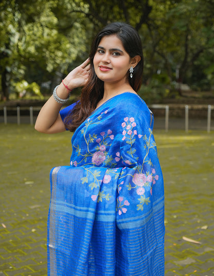 ROYAL BLUE FLORAL LINEN SAREE