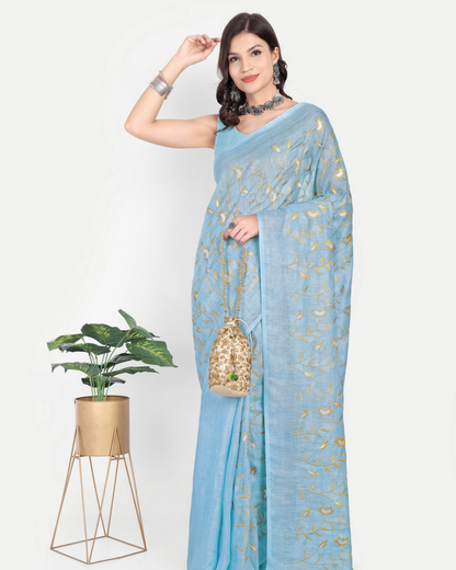 SKY BLUE EMBROIDERED LINEN SAREE