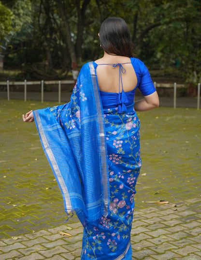 ROYAL BLUE FLORAL LINEN SAREE