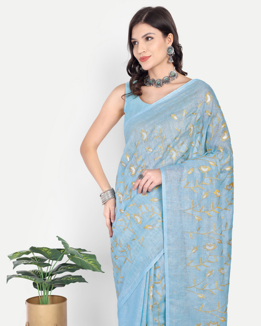 SKY BLUE EMBROIDERED LINEN SAREE