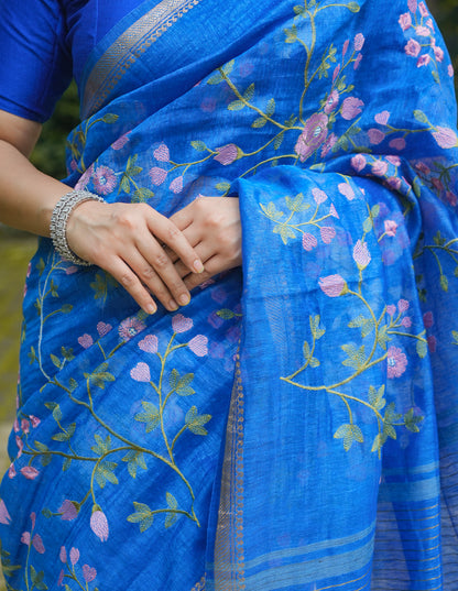 ROYAL BLUE FLORAL LINEN SAREE