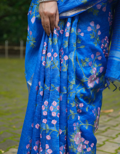 ROYAL BLUE FLORAL LINEN SAREE