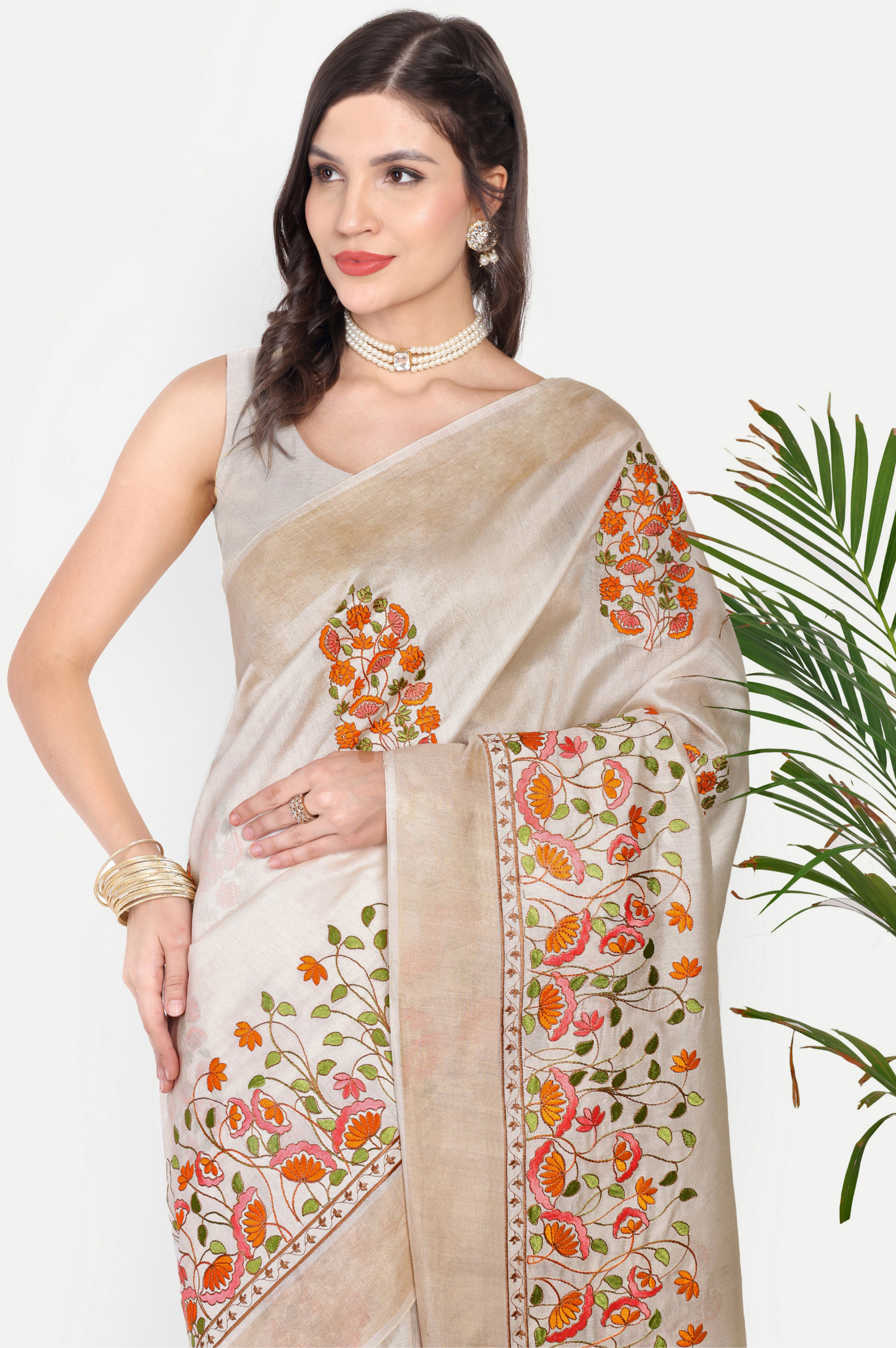 OFF WHITE FLORAL MODAL SILK SAREE