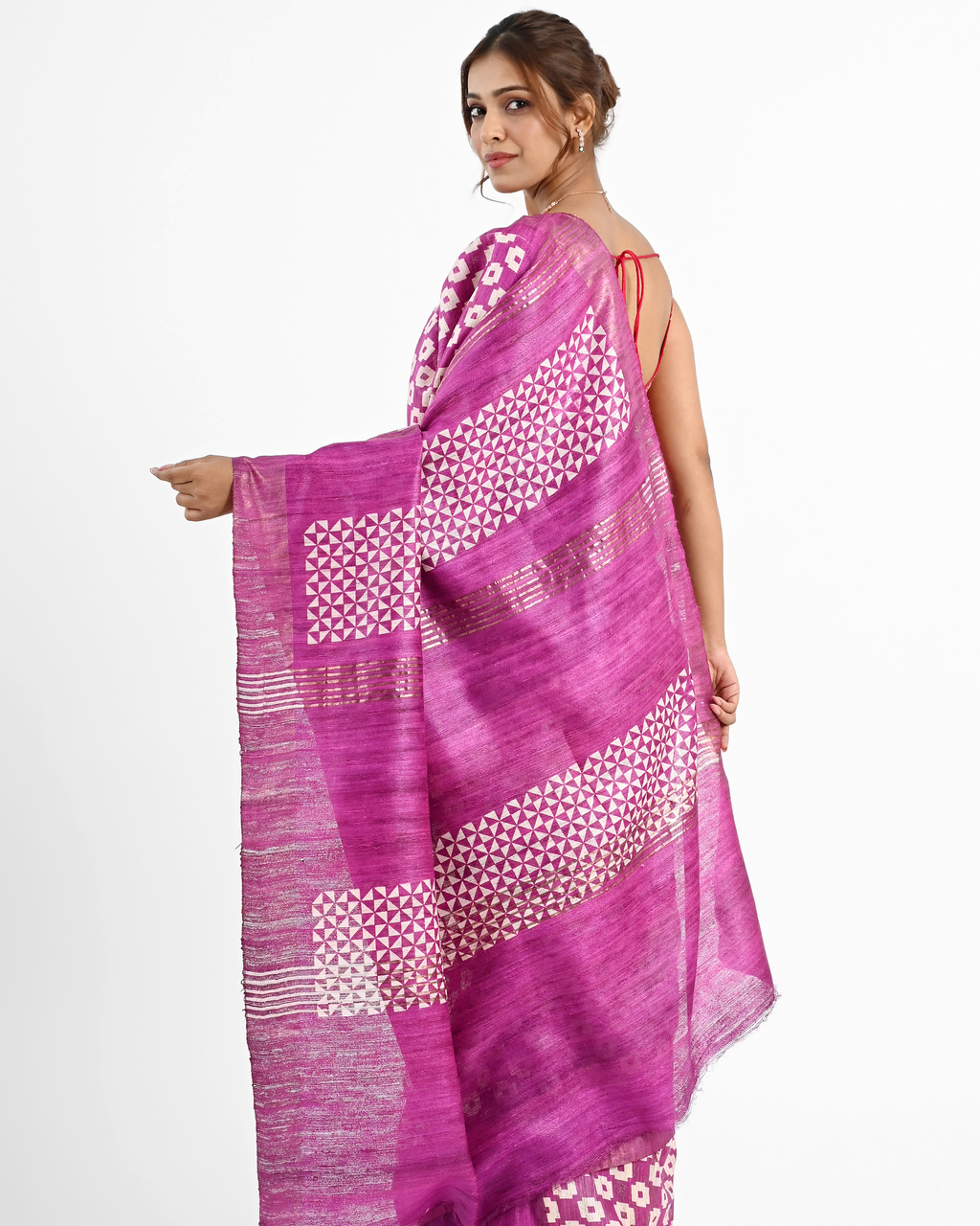 PINK GHICHA SILK SAREE WITH GEOMETRIC PRINT