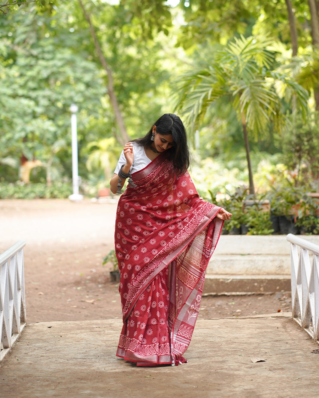 MAROON BLOCK PRINT COTTON SAREE