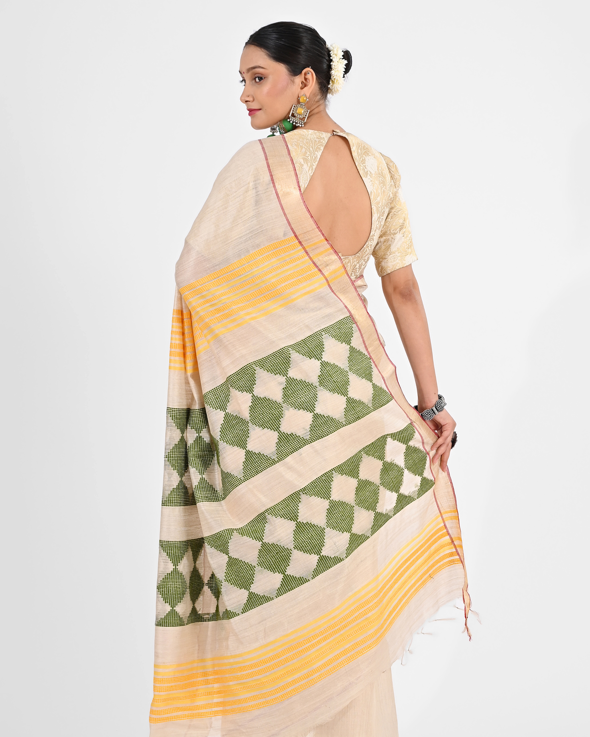 CREAM MUGA SILK SAREE WITH MADHUBANI ART