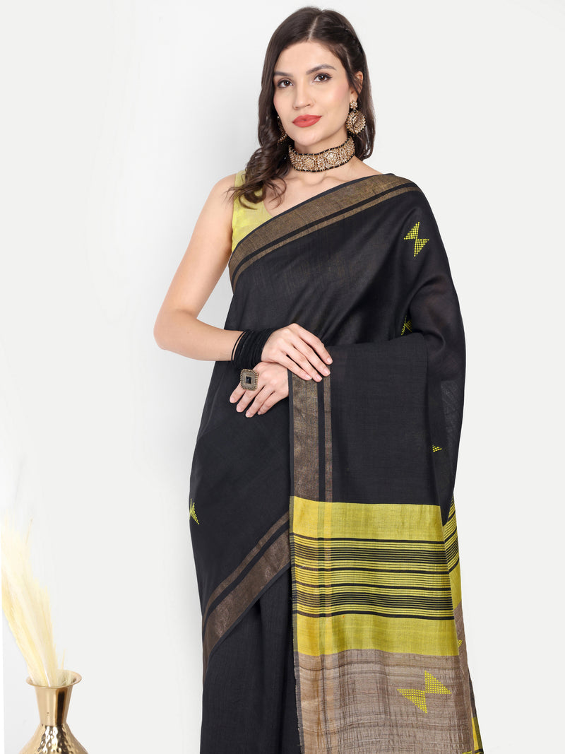 Contemporary Black & Yellow Eri Silk Saree with Woven Motifs