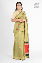 Elegant Olive Green Dupion Silk Saree with Red & Black Accents | Handloom Saree