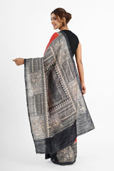 Striking Red Ghicha Silk Saree with Monochrome Madhubani Print
