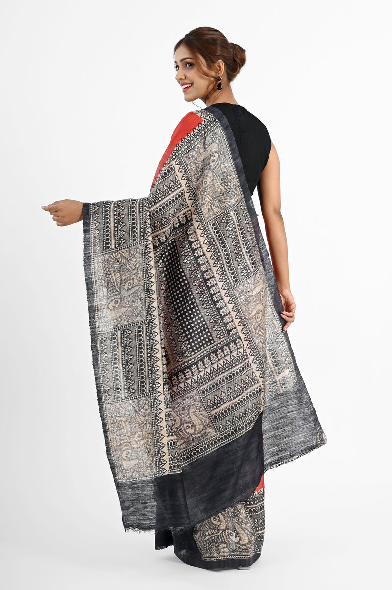Striking Red Ghicha Silk Saree with Monochrome Madhubani Print