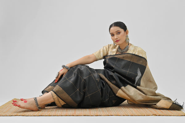 Black & Beige Dupion Tussar Silk Saree with Geometric Weave | Handloom Elegance
