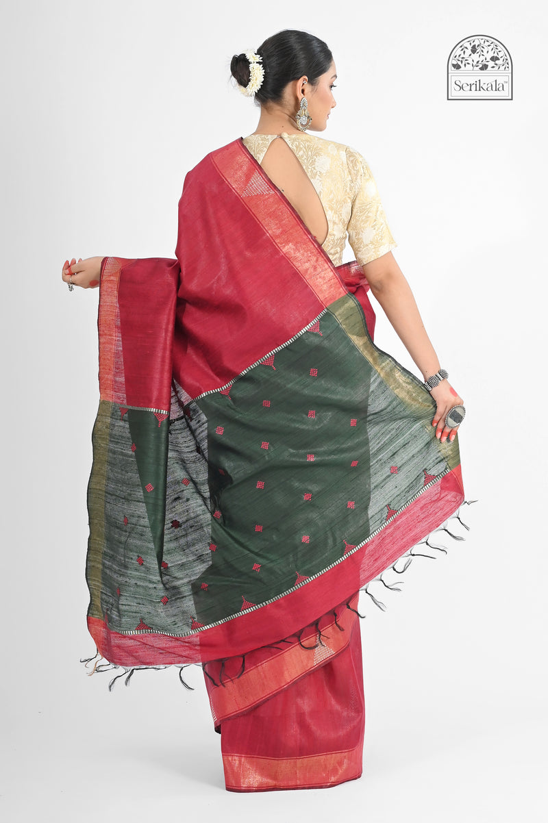 Exquisite Maroon & Green Dupion Silk Saree with Zari Border - Serikala